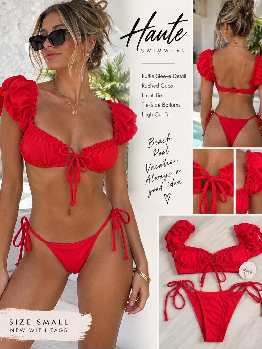 Haute Swimwear Red Ruffle Sleeve Tie Bikini Top & Tie-Side Bottoms